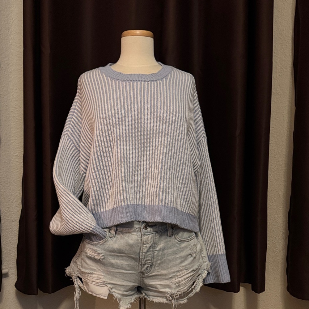 Sincerely Jules Pastel Blue & White Ribbed Cropped Sweater